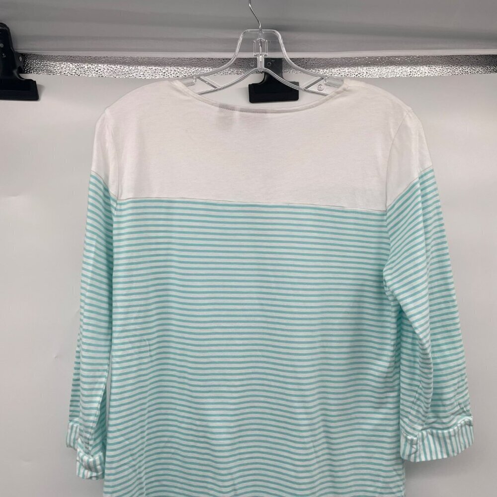 Chico's Womens Striped Top Lace Up Neck Turquoise/White Size Medium - Picture 6 of 9